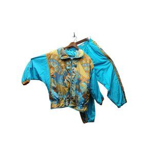 Vintage East West Nylon Track Suit S Turquoise & Gold Elastic Waist & Cuffs Full